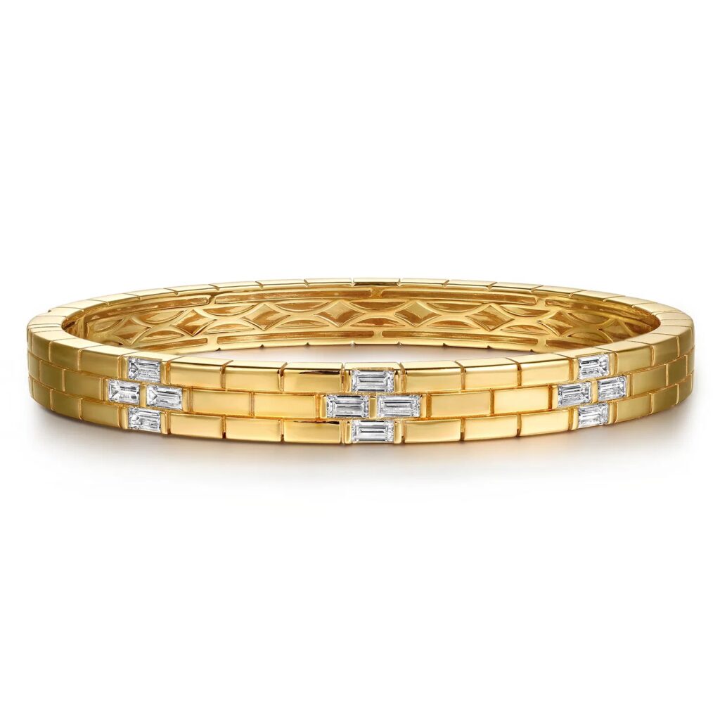 18K Yellow Gold Bujukan Contemporary Diamond Station Bangle Bracelet