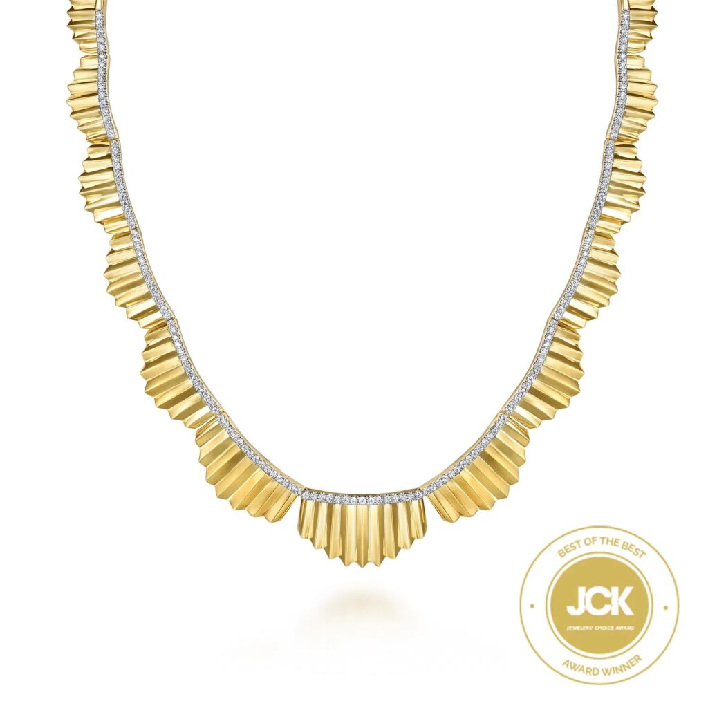 14K Yellow Gold 16-inch Diamond Statement Necklace with Diamond Cut Texture
