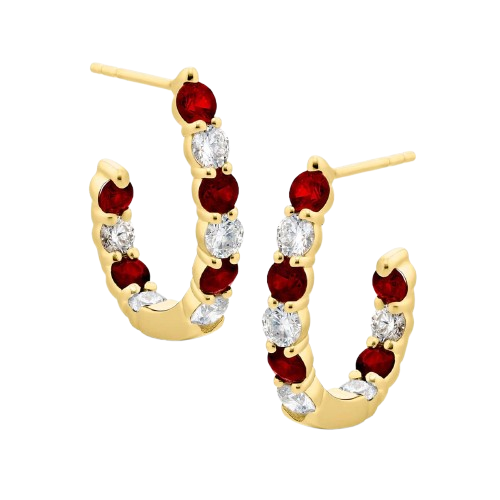 18K Yellow Gold Round Ruby and Diamond Hoop Earrings