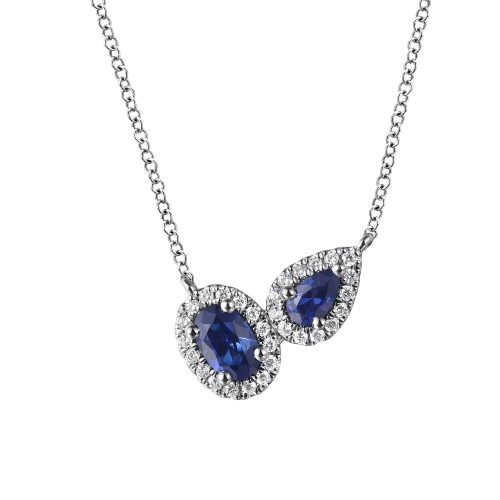 14K White Gold Toi et Moi Sapphire and Diamond Halo Necklace