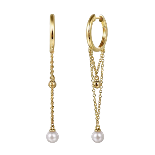 14K Yellow Gold Bujukan And Pearl Huggie Drop Earrings